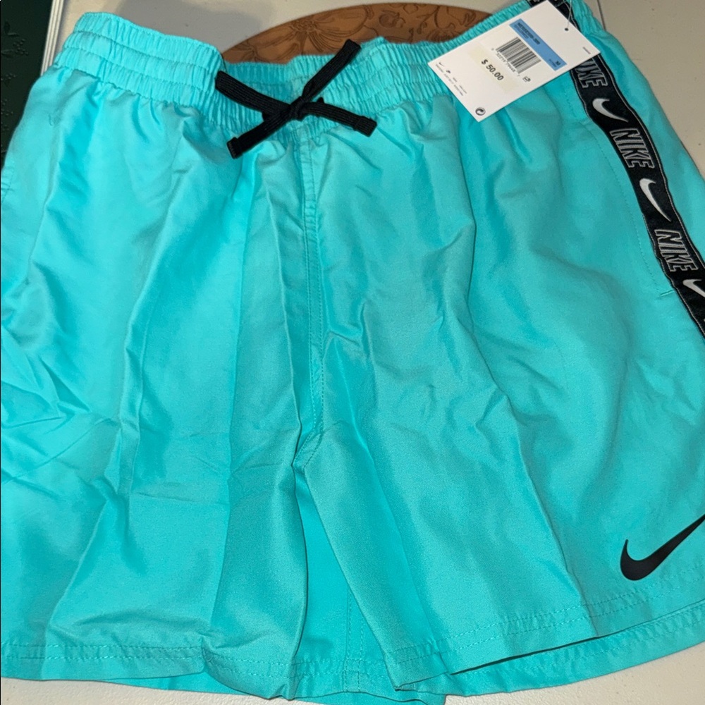 Nike Aqua Blue Swim Shorts with Black Accents nwt